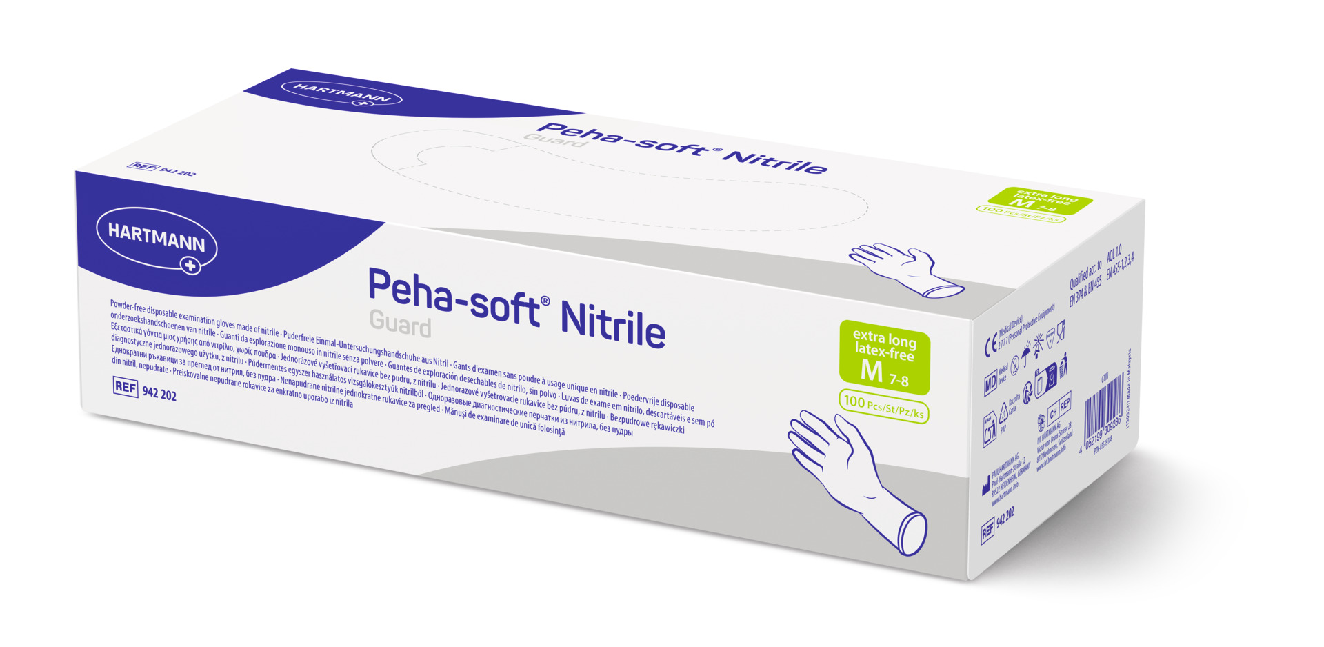 Handschuhe Peha-soft nitrile guard, der latexfreie Untersuchungs- und Schutzhandschuh aus synthetischem Nitrilkautschuk mit der langen Stulpe.