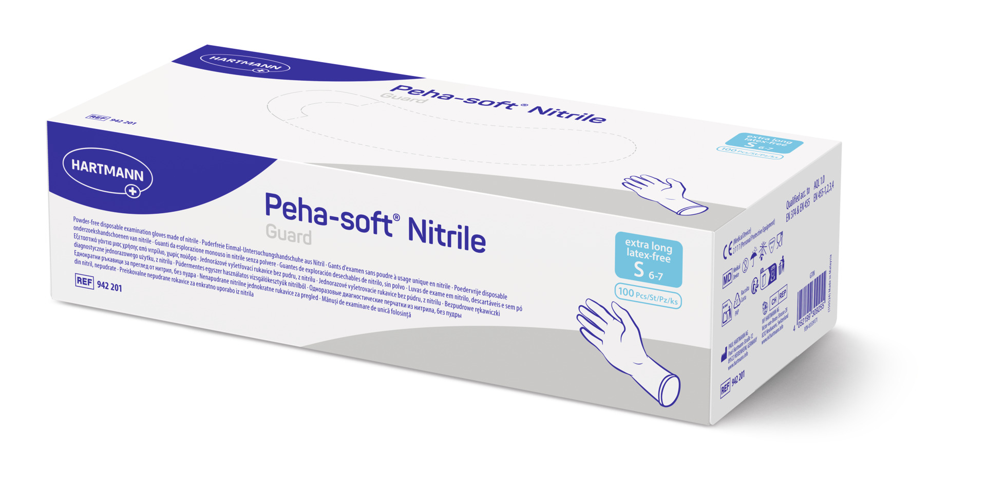 Handschuhe Peha-soft nitrile guard, der latexfreie Untersuchungs- und Schutzhandschuh aus synthetischem Nitrilkautschuk mit der langen Stulpe.