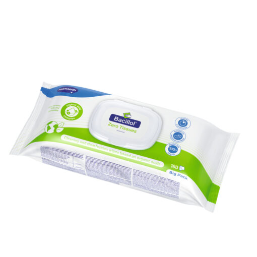 Bacillol Zero Tissues, auf organischen Säuren basierende, umfangreich wirksame und materialschonende Flächendesinfektionstücher.