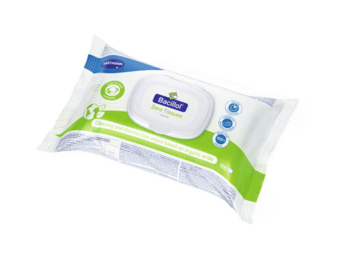 Bacillol Zero Tissues, auf organischen Säuren basierende, umfangreich wirksame und materialschonende Flächendesinfektionstücher.