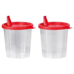 Urinbecher mit rotem Schnappdeckel und Tülle, 125 ml