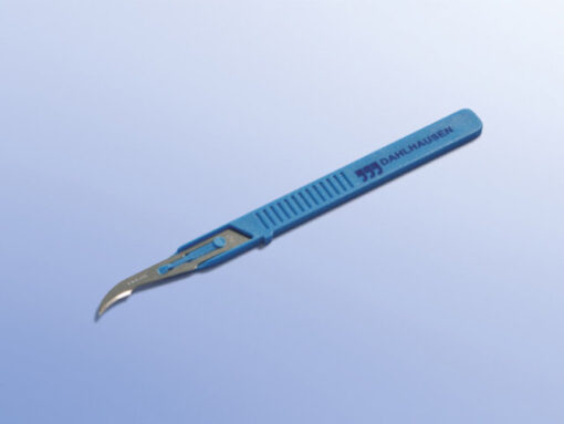 Langes Fadentrennmesser mit Handgriff zum Durchtrennen von chirurgischem Nahtmaterial.