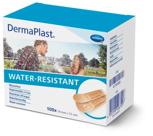 DermaPlast WATER-RESISTANT, Pflasterstrips aus dehnbarer Polyethylen-Folie, wasserdicht und schmutzabweisend, bei empfindlicher Haut.