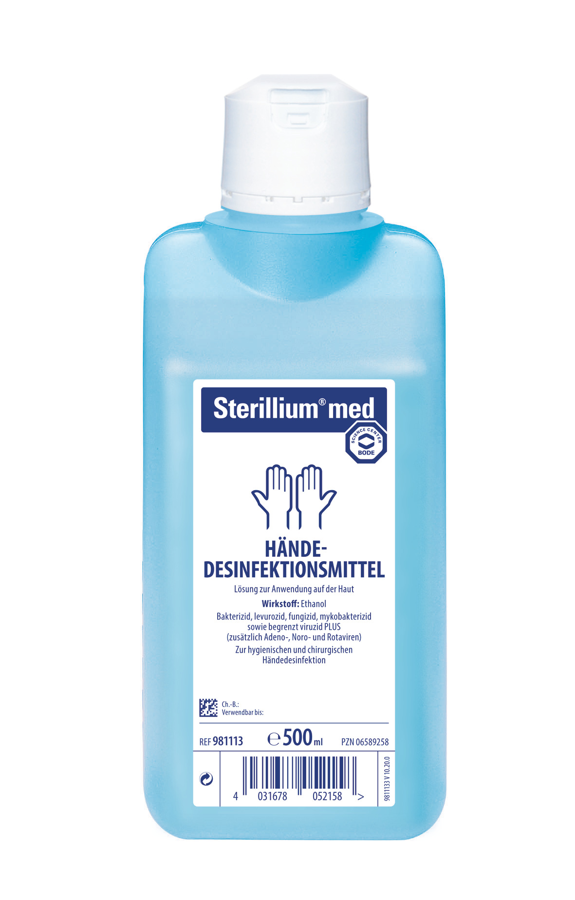 Sterillium med, Ethanolisches Präparat ohne Farb- und Parfümstoffe mit bewährtem Sterillium® Hautpflegekomplex.