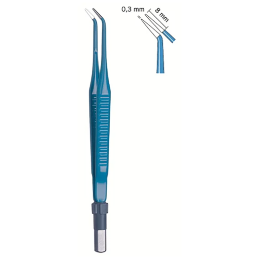 Bipolare Pinzette gewinkelt, spitz, Spitzenbreite 0,3 mm