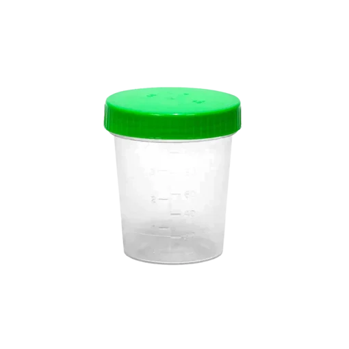 Urinbecher mit grünem Schraubdeckel