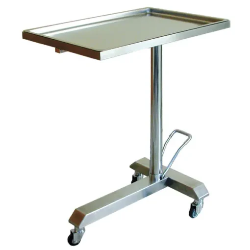 Instrumententisch Mayo Edelstahl, höhenverstellbar über Fußpumpe von 900 bis 1250 mm